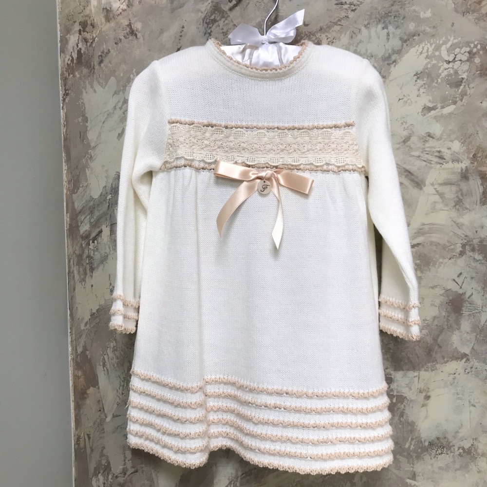 NWT Foque , Knitted Long Sleeve dress, button closure at back. Size 36 months.